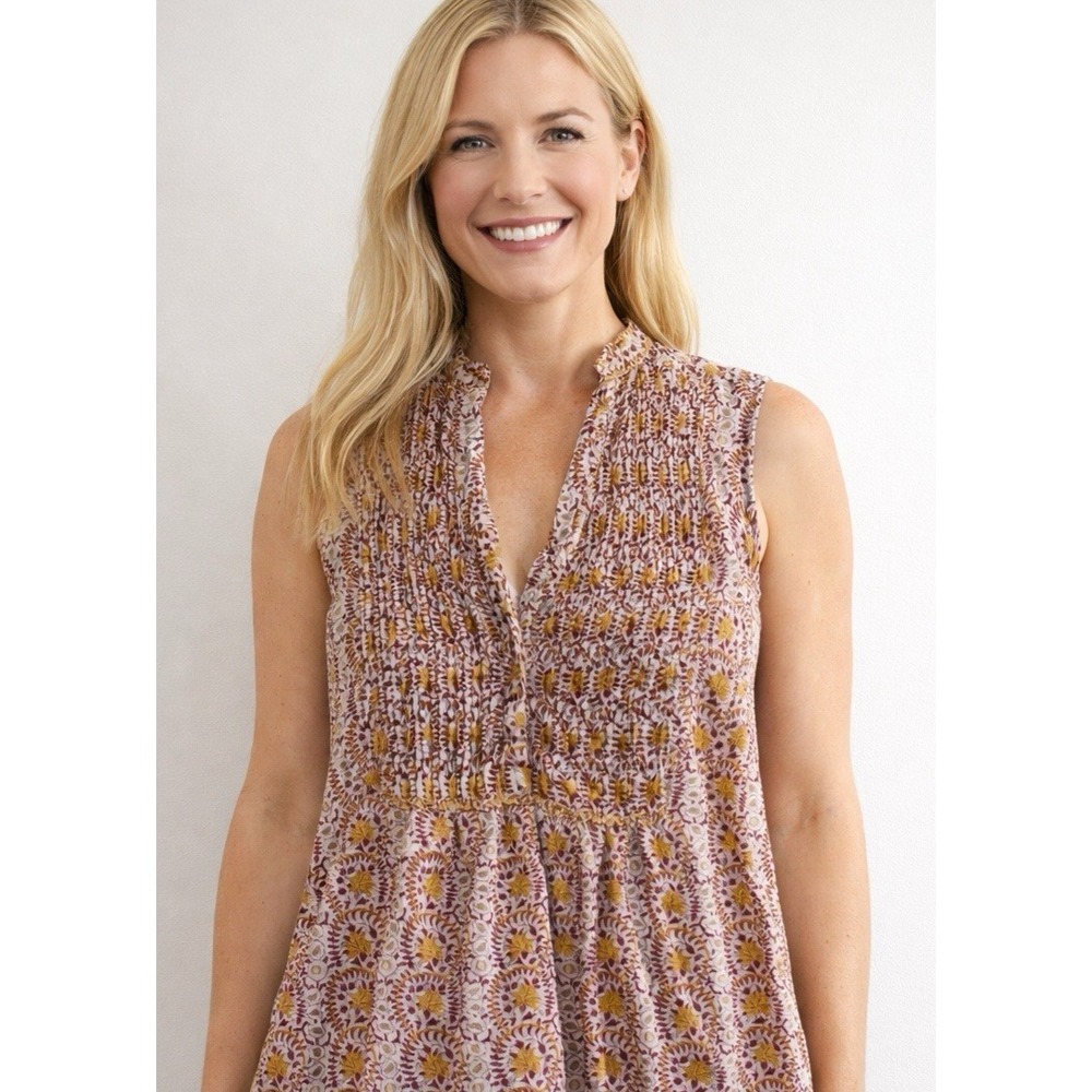 Anokhi Top Womens XS Yellow Floral Sleeveless Pleated Peasant V Neck Boho